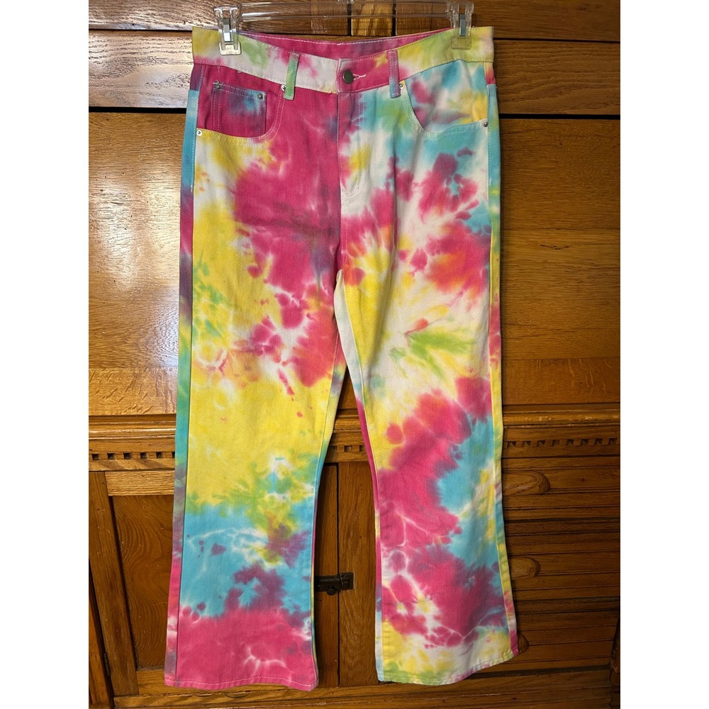 Manfinity Mens Festival Hippie Boho Tie Dye Flare Leg Jeans Multi Color M 32x32